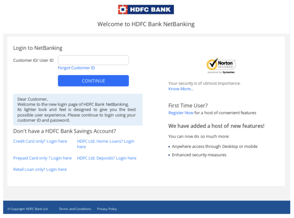 Phishing website of HDFC  bank login page